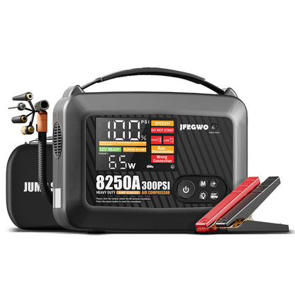 CS02 8250A Jump Starter with Air Compressor, 32000mAh 150PSI Portable Car Truck Jump Starter Heavy Duty (16L Gas/12l Diesel), 12V Lithium Jump Box Battery Booster Pack PD65W LED Display DC/USB