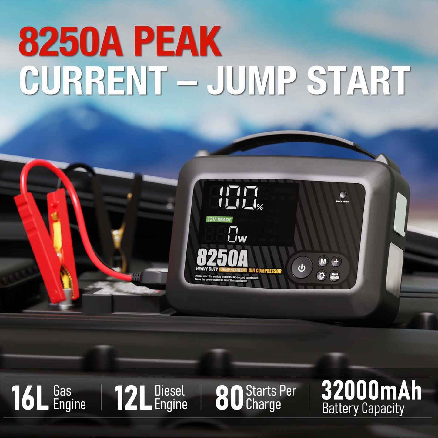 CS02 8250A Jump Starter with Air Compressor, 32000mAh 150PSI Portable Car Truck Jump Starter Heavy Duty (16L Gas/12l Diesel), 12V Lithium Jump Box Battery Booster Pack PD65W LED Display DC/USB