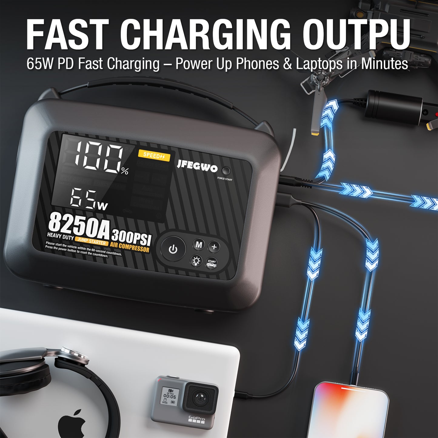 CS02 8250A Jump Starter with Air Compressor, 32000mAh 150PSI Portable Car Truck Jump Starter Heavy Duty (16L Gas/12l Diesel), 12V Lithium Jump Box Battery Booster Pack PD65W LED Display DC/USB