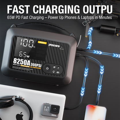 CS02 8250A Jump Starter with Air Compressor, 32000mAh 150PSI Portable Car Truck Jump Starter Heavy Duty (16L Gas/12l Diesel), 12V Lithium Jump Box Battery Booster Pack PD65W LED Display DC/USB